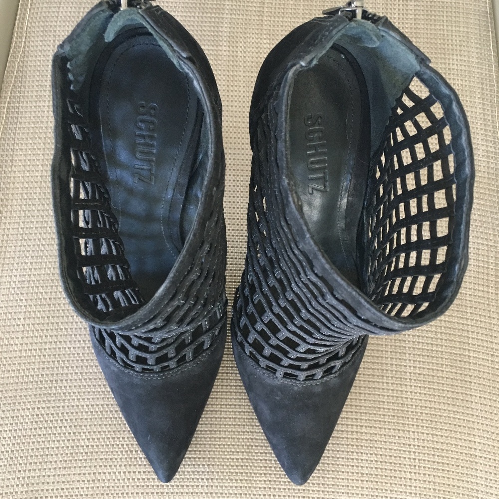 SCHUTZ Black Caged Pointed Toe Heels Booties Sz 8 - Picture 5 of 12